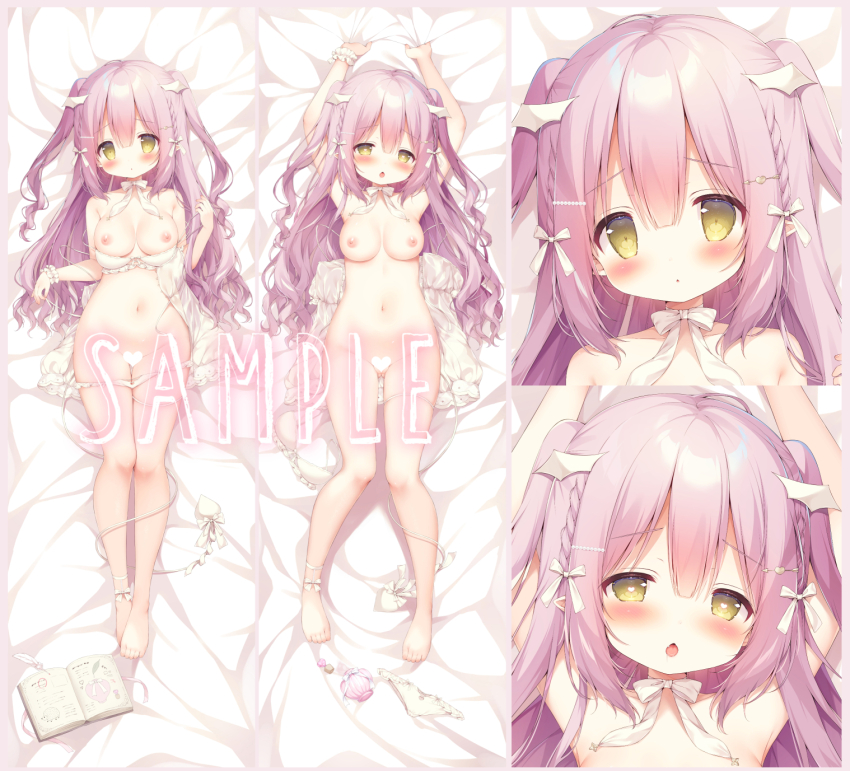 1girl blush book bow bowtie bra bra_pull braid breasts censored cleavage clothes_pull commentary_request dakimakura_(medium) hair_bow hair_ornament hairclip heart heart_censor heart_hair_ornament highres long_hair lying medium_breasts momozu_komamochi official_art on_back on_bed open_book open_mouth original panties panty_pull parted_lips pink_hair sample_watermark tareme two_side_up underwear unworn_panties very_long_hair watermark wavy_hair white_bow white_bowtie white_bra white_panties wing_hair_ornament