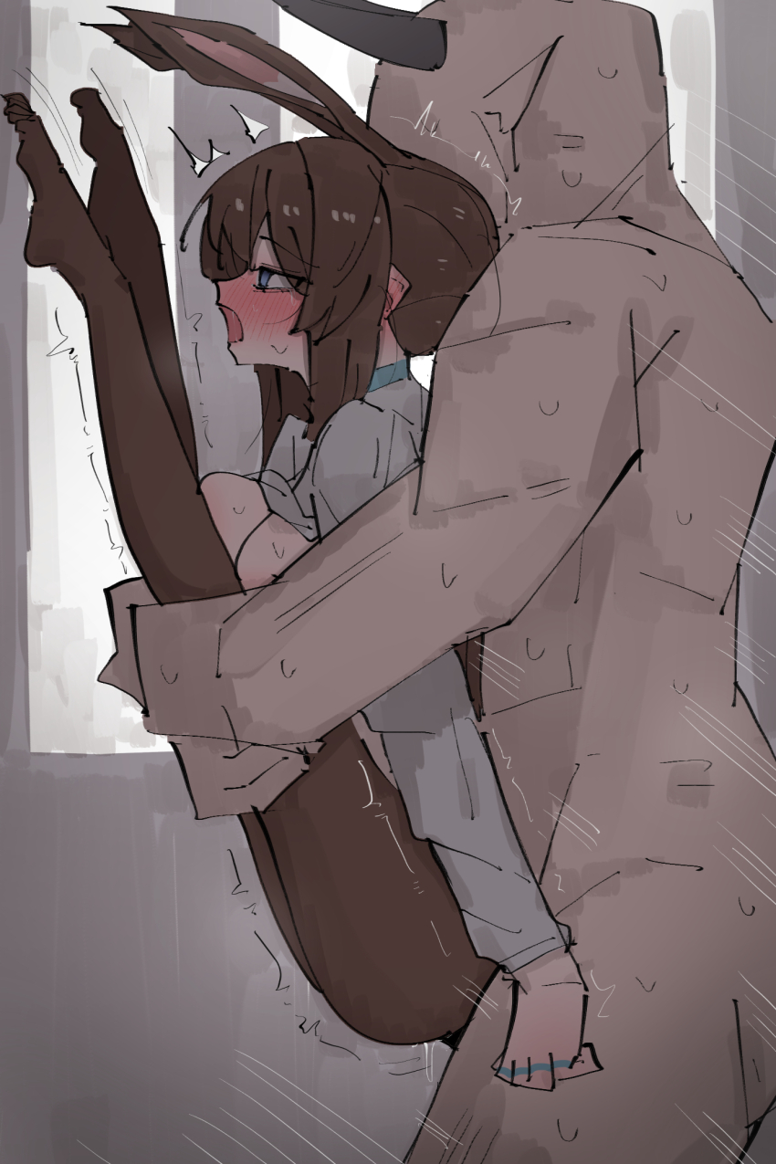 1boy 1girl age_difference amiya_(arknights) arknights black_horns blue_choker blue_eyes blush breast_press breasts brown_hair brown_pantyhose carrying carrying_person choker clenched_hand clothed_female_nude_male clothed_sex completely_nude demon_horns dress_shirt ear_blush empty_eyes feet feet_up folded from_side grabbing_from_behind hetero highres horns jewelry legs_up long_hair long_sleeves matutake_(matutake_yk0) medium_breasts motion_lines multiple_rings muscular muscular_male no_bra no_shoes nose_blush nude open_mouth pantyhose pointy_ears ponytail pussy_juice rabbit_ears rabbit_girl rape ring saliva sarkaz_swordsman_(arknights) sex sex_from_behind shirt size_difference standing standing_sex sweat torn_clothes torn_pantyhose vaginal white_shirt