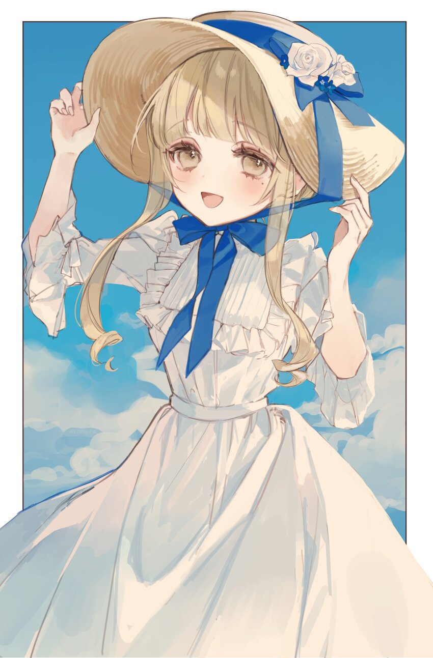 1girl absurdres blonde_hair blue_sky blush cloud commentary dress hat highres kyuumura long_hair open_mouth original sidelocks sky smile solo sun_hat symbol-only_commentary white_dress yellow_eyes