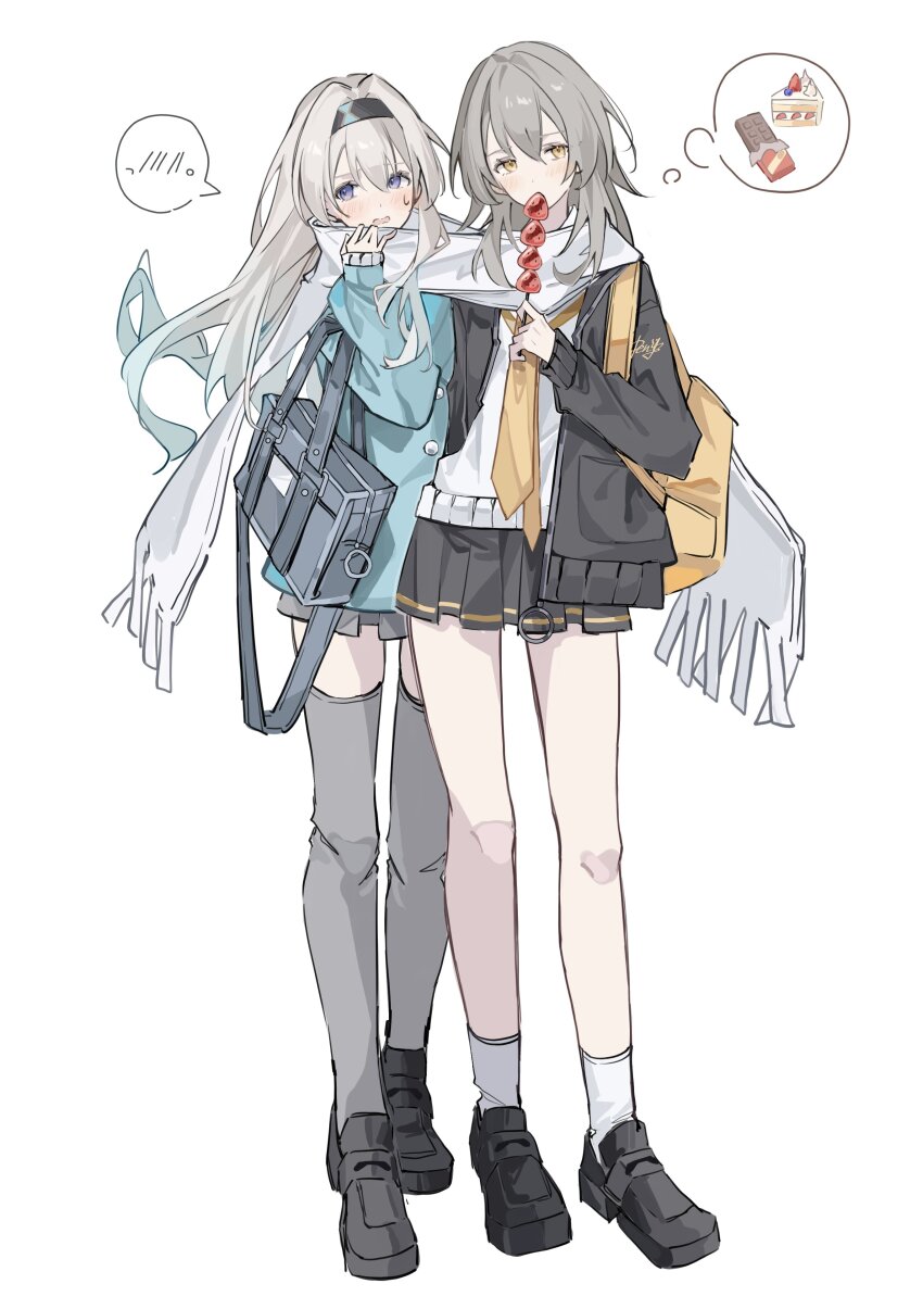 2girls absurdres aqua_eyes bag black_shoes black_skirt firefly_(honkai:_star_rail) food gradient_hair grey_hair grey_thighhighs hair_between_eyes highres holding holding_food honkai:_star_rail honkai_(series) jacket loafers long_hair long_sleeves multicolored_hair multiple_girls open_clothes open_jacket parted_lips ren_(renjiyu) scarf school_bag school_uniform shirt shoes simple_background skirt socks spoken_blush spoken_object standing stelle_(honkai:_star_rail) sweat thighhighs trailblazer_(honkai:_star_rail) white_background white_shirt white_socks zettai_ryouiki