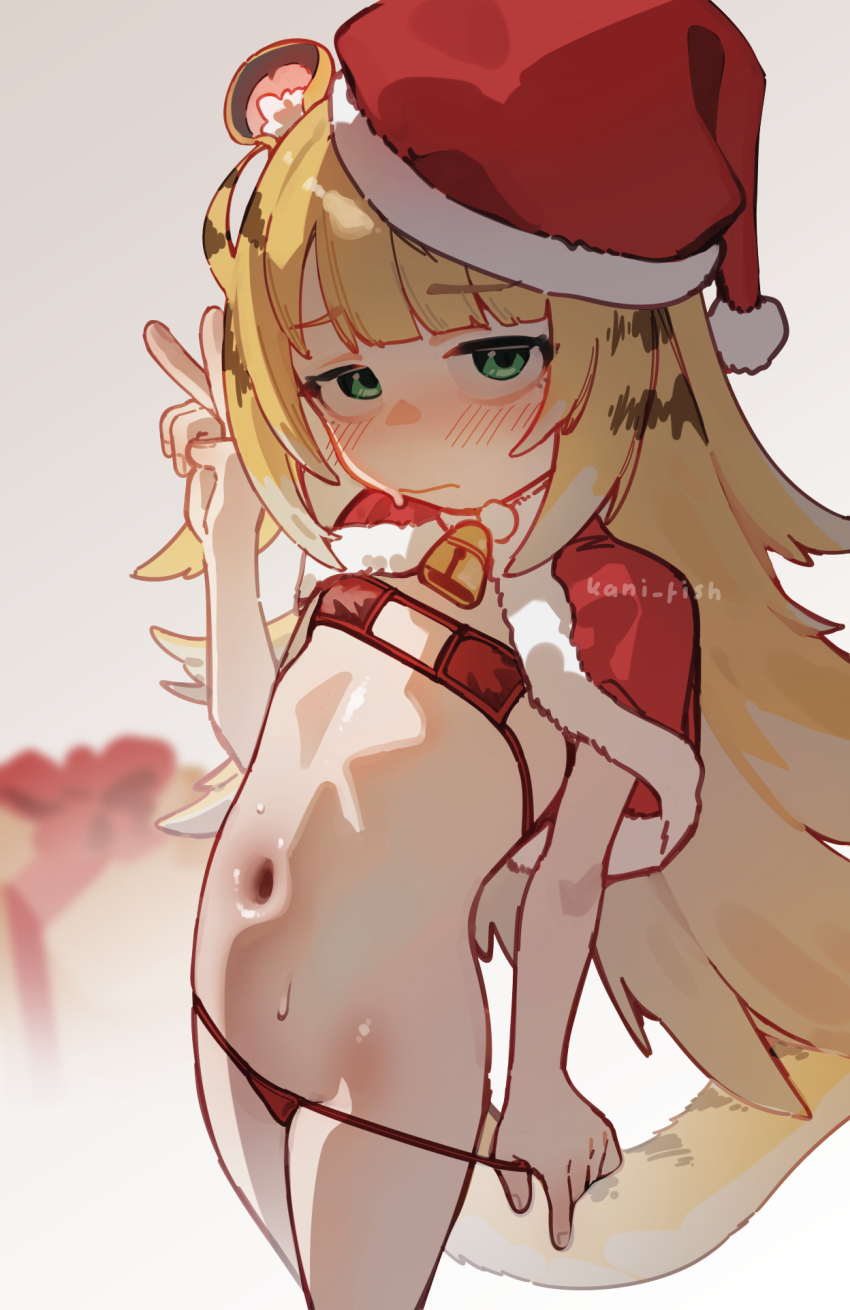 1girl animal_ears bell bikini blonde_hair blush capelet commentary english_commentary eyepatch_bikini flat_chest green_eyes hat highres ju_fufu kani_fish loli long_hair navel red_bikini santa_hat solo swimsuit tail tiger_ears tiger_tail v zenless_zone_zero