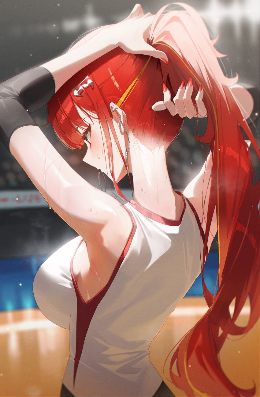 1girl absurdres akane_lize bare_shoulders blonde_hair blurry blurry_background breasts commentary domi_(hongsung0819) from_behind highres large_breasts long_hair mole mole_under_eye multicolored_hair nail_polish ponytail red_hair red_nails shirt sleeveless sleeveless_shirt solo sportswear stellive streaked_hair sweat symbol-only_commentary virtual_youtuber volleyball_uniform