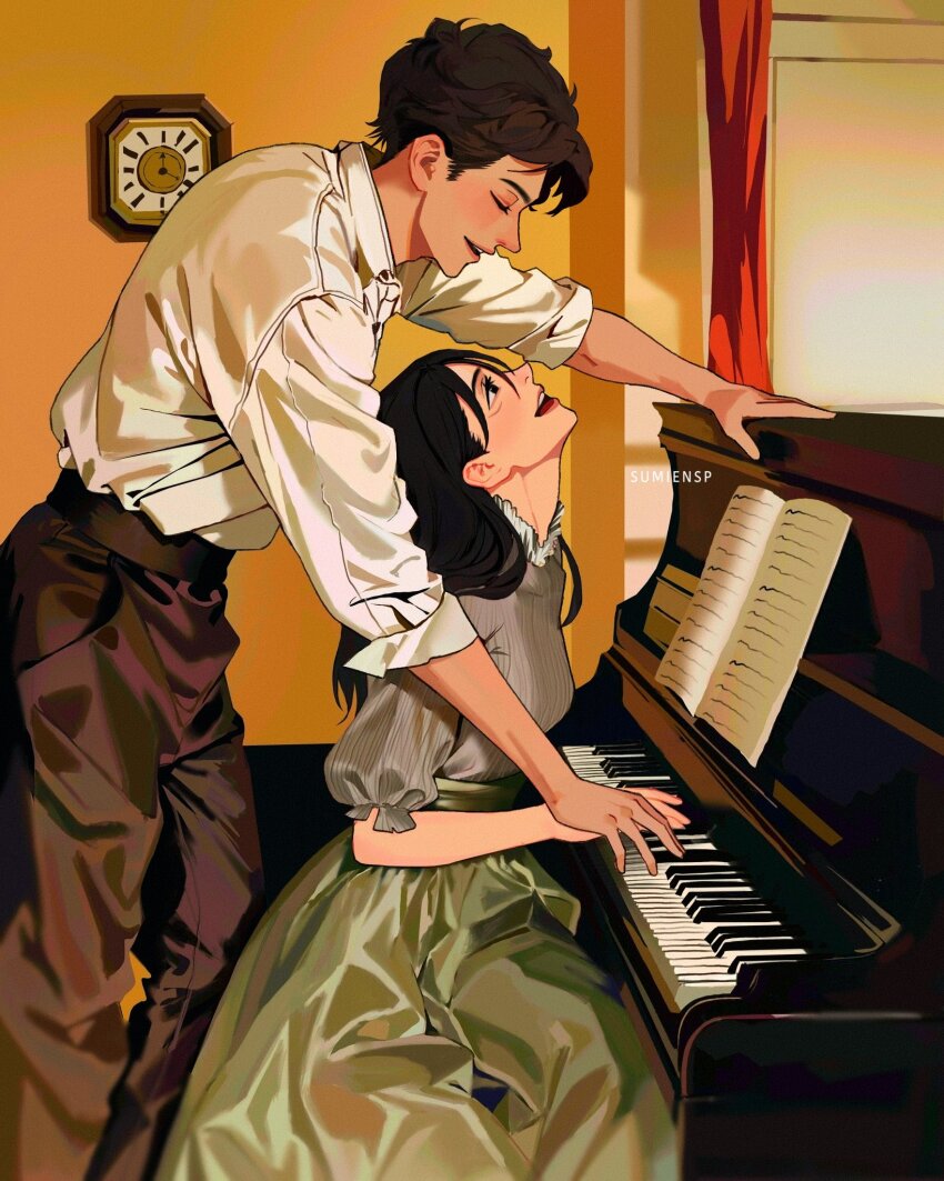 1boy 1girl artist_name black_hair breasts brown_hair brown_pants clock closed_eyes commentary couple cowboy_shot english_commentary eren_yeager facial_scar green_skirt grey_shirt hair_between_eyes hetero highres indoors instrument long_hair long_skirt looking_at_another medium_breasts mikasa_ackerman music open_mouth pants piano playing_instrument playing_piano puffy_short_sleeves puffy_sleeves scar scar_on_cheek scar_on_face sheet_music shingeki_no_kyojin shirt short_hair short_sleeves sitting skirt sleeves_rolled_up smile sumiensp white_shirt