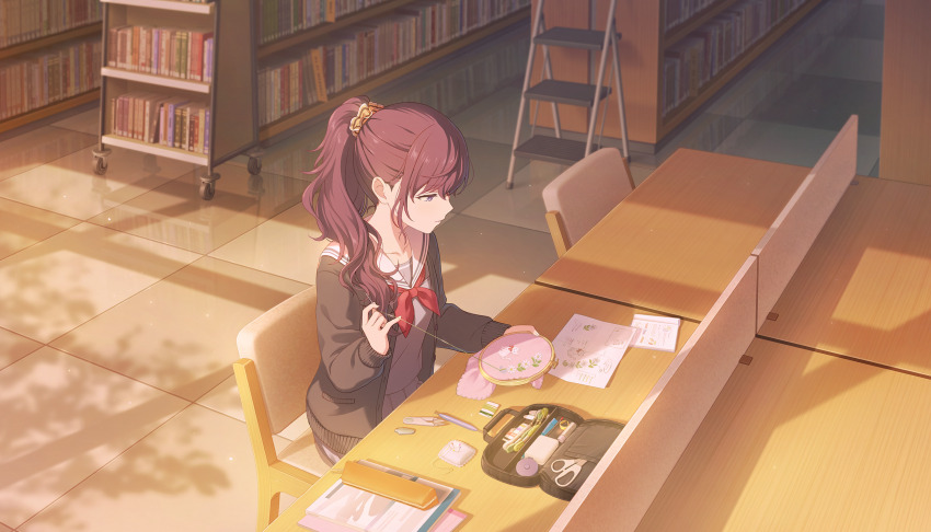 1girl animal_print asahina_mafuyu black_cardigan book bookshelf breasts cardigan cat_print chair closed_mouth collarbone colorful_palette expressionless floral_print game_cg grey_serafuku hand_up high_ponytail highres holding holding_needle holding_sewing_needle kono_hito_hari_ni_omoi_wo_komeru_(project_sekai) library looking_at_object medium_breasts miyamasuzaka_girls'_academy_school_uniform neckerchief needle notebook official_art open_cardigan open_clothes orange_scrunchie paper pencil_case pincushion ponytail project_sekai purple_eyes purple_hair red_neckerchief sailor_collar school_uniform scissors scrunchie serafuku sewing sewing_kit sewing_pin solo spool sunset table third-party_source white_sailor_collar
