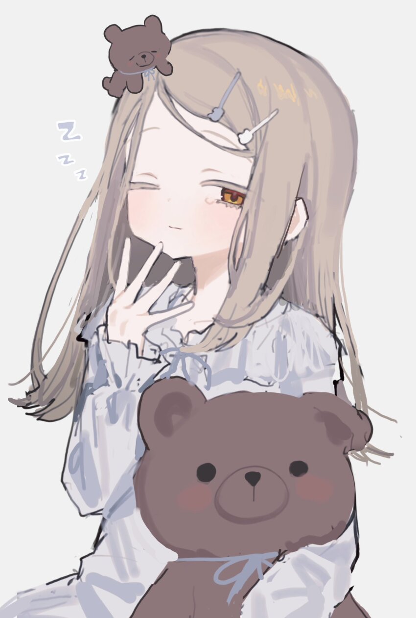 1girl gakuen_idolmaster grey_hair highres idolmaster kakuzatou_(sugar_xouox) long_hair looking_at_viewer one_eye_closed orange_eyes pajamas shinosawa_hiro sketch solo stuffed_animal stuffed_toy teddy_bear zzz