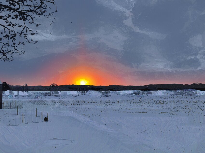 absurdres commentary fence highres landscape mountainous_horizon nature no_humans original outdoors painterly scenery snow sunset symbol-only_commentary tree twulfs
