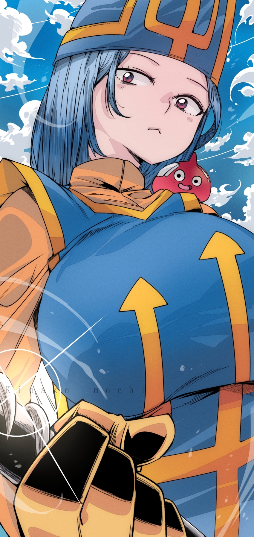 1girl :< bandaged_head bandages blue_hair blue_hat blue_tabard blush bodysuit breasts brown_bodysuit brown_eyes cloud contrail creature creature_on_shoulder dragon_quest dragon_quest_iii gloves hat index_finger_raised kinakomochi_(user_vedc2333) large_breasts long_hair looking_at_viewer on_shoulder priest_(dq3) sky slime_(creature) slime_(dragon_quest) sparkle square_enix standing tabard upper_body yellow_gloves