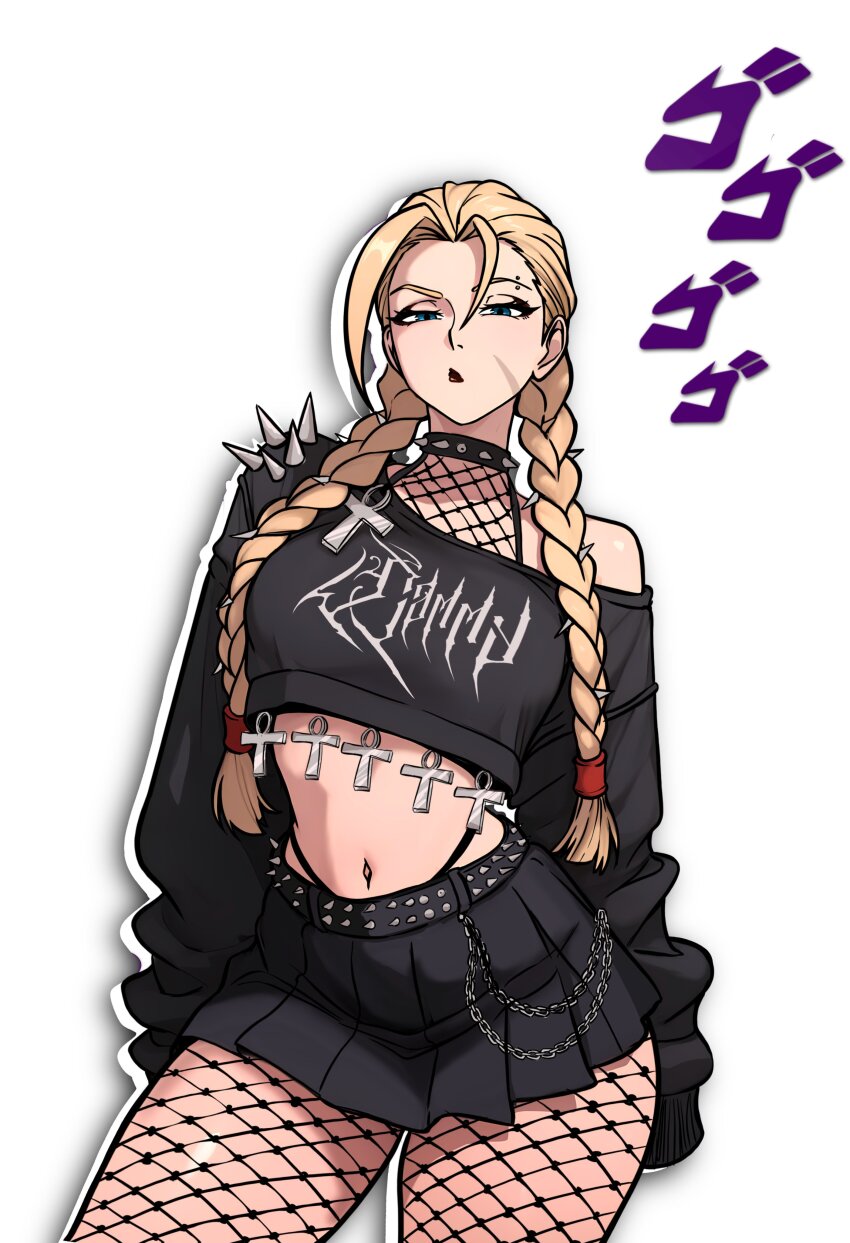 absurdres ankh belt black_belt black_lips black_shirt black_skirt blonde_hair blue_eyes braid braided_spikes cammy_white chain character_name clothes_writing collar commentary ear_piercing english_commentary english_text eyebrow_piercing face_piercing facial_scar facing_viewer fishnet_pantyhose fishnet_top fishnets goth_fashion hair_between_eyes highres long_hair long_sleeves looking_at_viewer menacing_(jojo) midriff miniskirt navel off_shoulder outline panty_straps pantyhose piercing pleated_skirt red_lips redpostit scar scar_on_cheek scar_on_face scowl shirt shoulder_spikes single_bare_shoulder skirt sleeves_past_fingers sleeves_past_wrists speech_bubble spiked_belt spiked_collar spiked_hair_ornament spikes street_fighter thick_thighs thighs thought_bubble twin_braids twitter_strip_game white_background white_outline