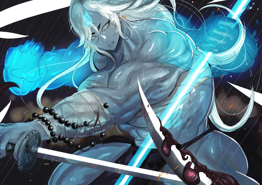 abs absurdres arm_wrap bandages battle bead_bracelet beads blood blue_fire blue_horns blue_ogre blue_oni blue_skin bracelet broad_shoulders casting_spell chest_sarashi cloud colored_skin deltoids energy extra_arms fighting_stance fire fujimura_teruyo_(blue_ogre) glowing highres holding holding_sword holding_weapon horns japanese_clothes jewelry katana magic martial_arts muscular muscular_female muscular_male night obliques oni original pelvic_curtain pyrokinesis rain sarashi shredded_muscles sky sword tall_female triceps unsheathed v-taper warrior weapon white_eyes white_hair