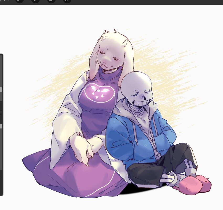 1boy 1girl animal_ears art_program_in_frame black_shorts blue_jacket closed_eyes colored_skin drawstring facing_viewer fangs full_body furry furry_female goat_ears goat_girl goat_horns grin hands_in_pockets highres hood hood_down hooded_jacket horns jacket own_hands_together pink_slippers purple_robe robe sans_(undertale) shorts shout_ing sitting skeleton skin_fangs slippers smile toriel undertale utdr_(toby_fox) white_background white_skin