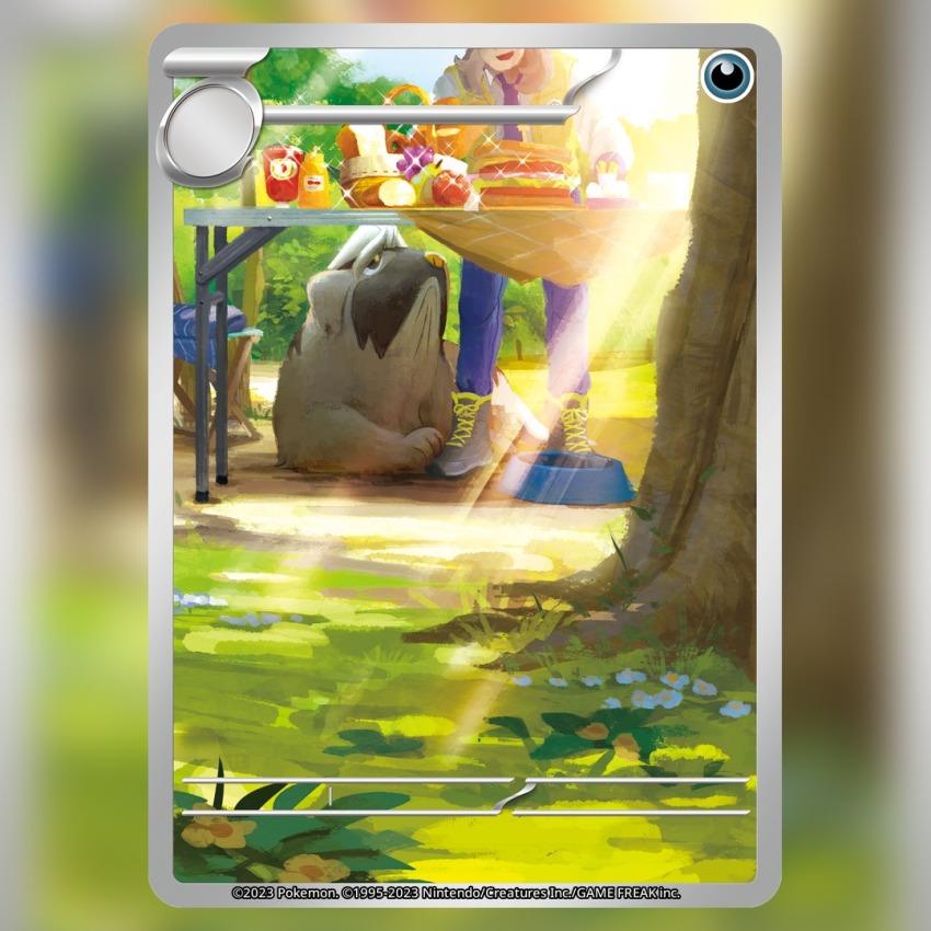 1boy apple arven_(pokemon) baguette basket blue_pants boots bowl bread card_(medium) chair closed_mouth commentary company_name copyright_name copyright_notice dog english_commentary eyes_out_of_frame flower food fruit grapes grass head_out_of_frame ketchup_bottle long_hair long_sleeves mabosstiff mustard_bottle necktie nintendo official_art okacheke open_clothes open_mouth open_vest outdoors pants pear pet_bowl pokemon pokemon_(creature) pokemon_card pokemon_focus pokemon_sv pokemon_tcg purple_necktie sandwich school_uniform shirt shoelaces smile sparkle standing sunlight table tablecloth textless_version third-party_source trading_card tree uva_academy_school_uniform vest white_shirt yellow_vest