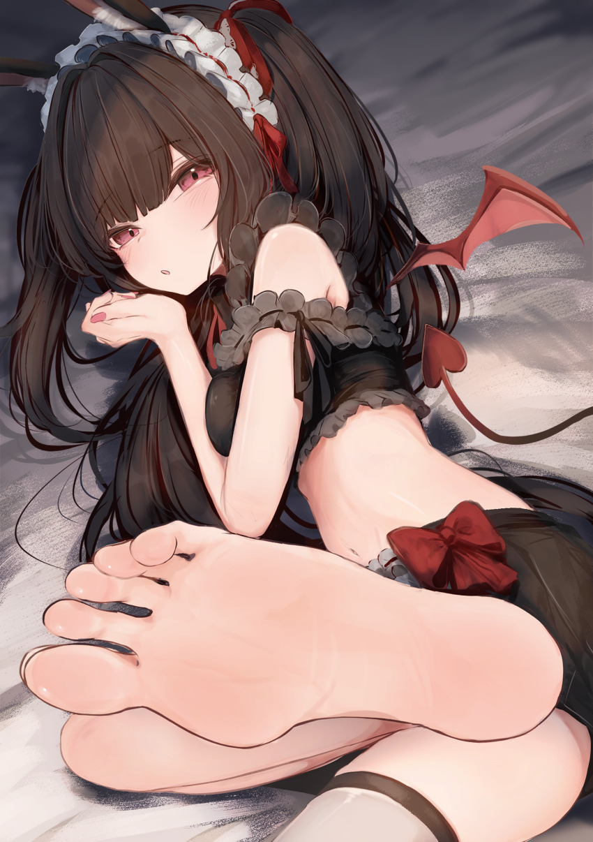 1girl absurdres barefoot black_hair blush demon_tail demon_wings feet highres long_hair looking_at_viewer lying mok4suke on_side parted_lips red_eyes soles tail toes twintails wings