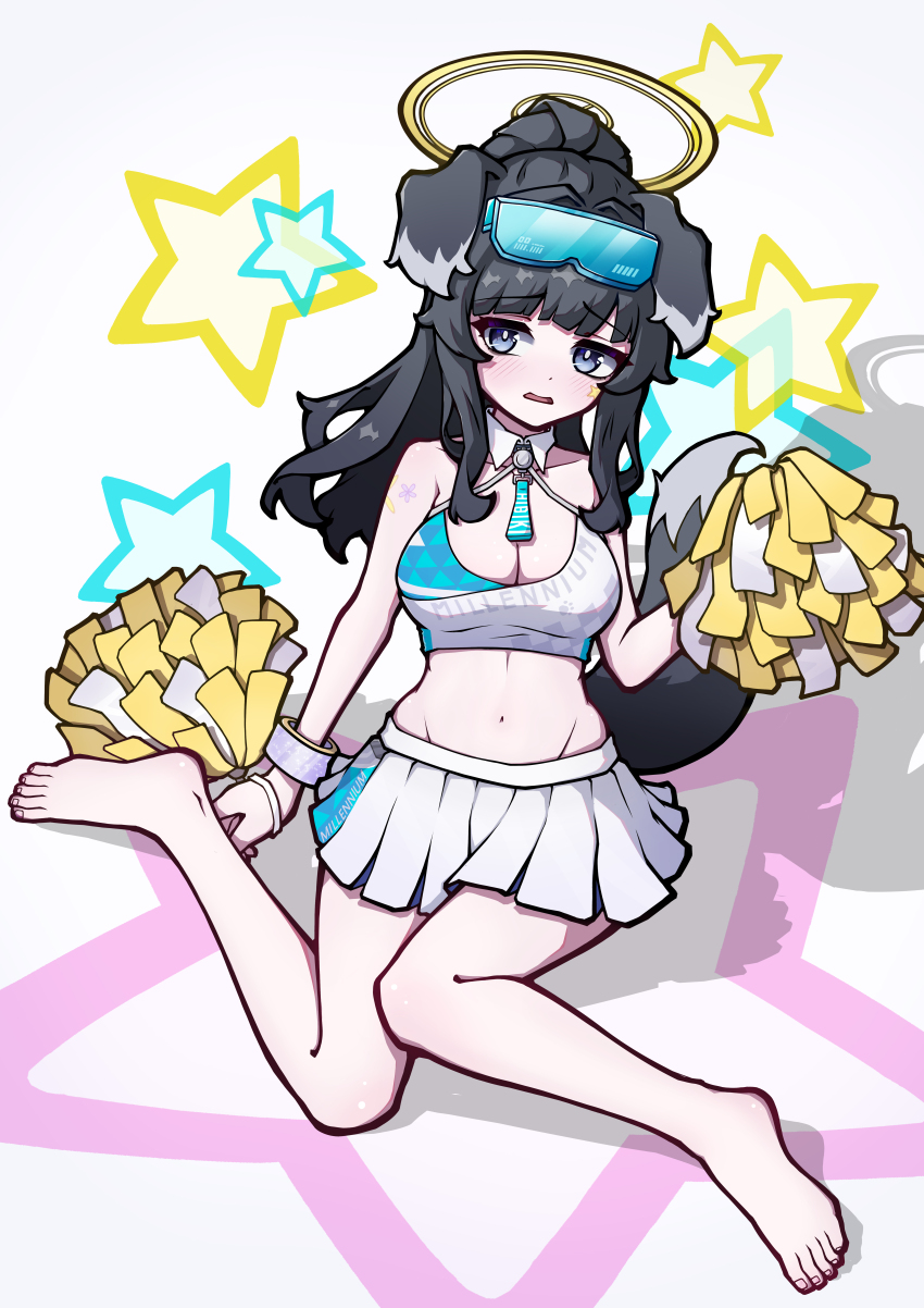 1girl 865257950 absurdres animal_ears barefoot black_hair blue_archive blue_eyes blush breasts cheerleader dog_ears dog_girl dog_tail feet full_body goggles goggles_on_head halo hibiki_(blue_archive) hibiki_(cheer_squad)_(blue_archive) highres holding holding_pom_poms legs long_hair looking_at_viewer millennium_cheerleader_outfit_(blue_archive) navel official_alternate_costume open_mouth pom_pom_(cheerleading) pom_poms simple_background sitting skirt soles solo star_(symbol) star_sticker sticker sticker_on_arm sticker_on_face tail toes white_background yellow_halo
