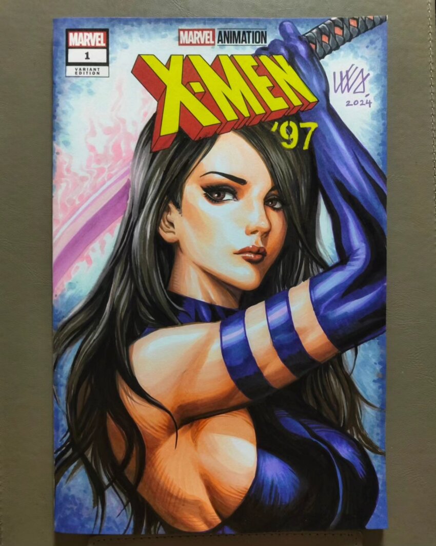 1girl 2024 arm_strap black_eyeshadow black_hair blue_background breasts brown_eyes commentary copyright_logo copyright_name cover_sketch english_commentary eyeshadow gloves glowing glowing_sword glowing_weapon highres holding holding_sword holding_weapon katana kunkka large_breasts leotard logo long_hair looking_to_the_side makeup marker_(medium) marvel pen_(medium) psylocke purple_gloves purple_leotard sideboob signature solo sword traditional_media upper_body weapon x-men