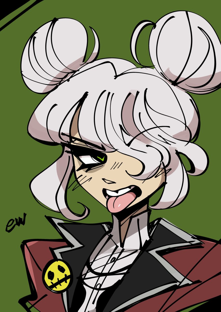 1girl absurdres badge button_badge coat deadlock_(game) disgust double_bun english_text graves_(deadlock) green_background green_eyes hair_bun hair_over_one_eye highres looking_at_viewer medium_hair open_mouth peargor portrait red_coat shirt sidelocks solo stitched_mouth stitches tongue tongue_out white_hair white_shirt