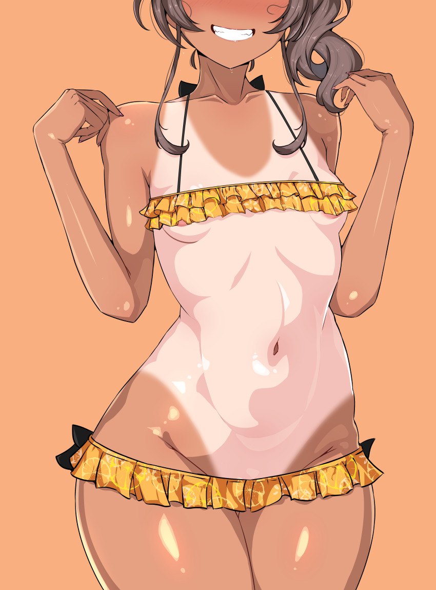 absurdres areola_slip bow bowtie breasts brown_hair clenched_teeth commentary english_commentary facing_viewer grin highres hololive loli natsuiro_matsuri navel nipple_slip nipples no_panties obscured_eyes orange_background orange_skirt ponytail rudeus_(steban_sharnak) side_ponytail simple_background skirt small_breasts smile tagme tan tanline teeth virtual_youtuber