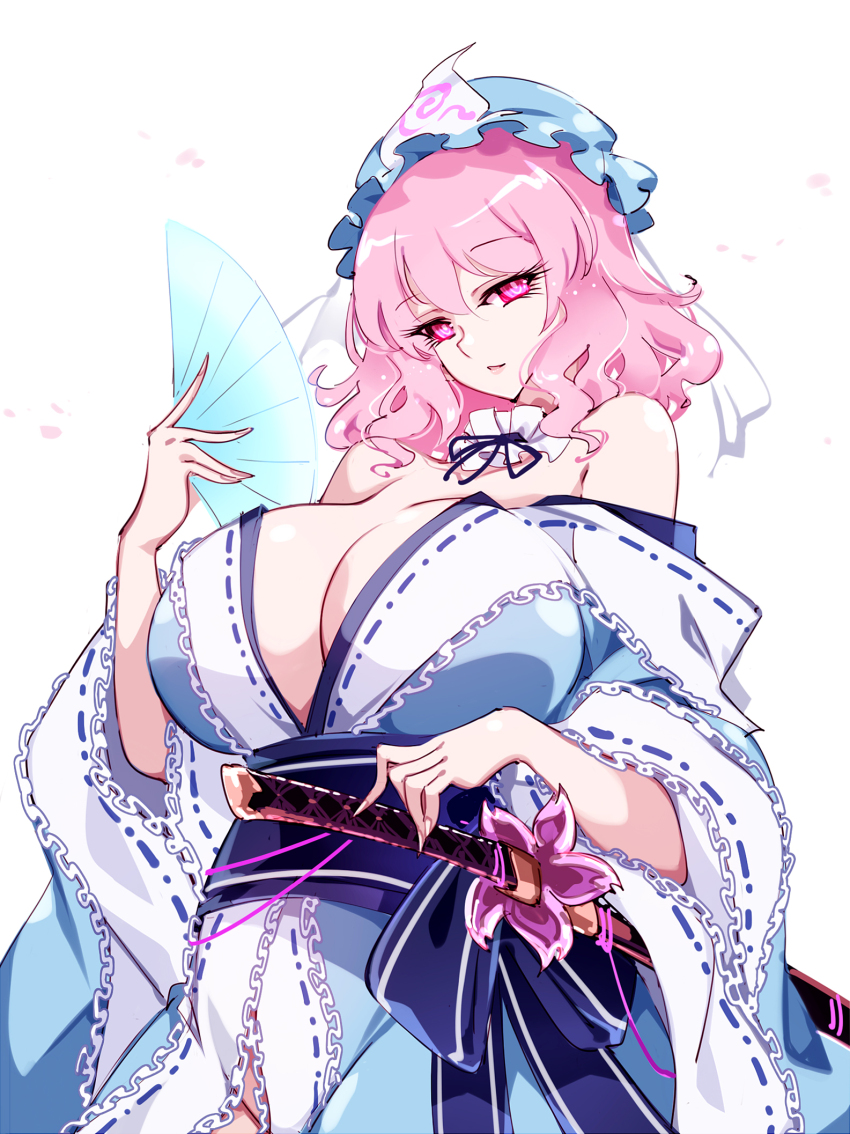 1girl adapted_costume blue_hat blue_kimono breasts cleavage commentary_request hand_fan hat highres holding holding_fan japanese_clothes katana kimono large_breasts looking_at_viewer mob_cap pink_eyes pink_hair raptor7 saigyouji_yuyuko short_hair simple_background solo sword touhou triangular_headpiece weapon white_background