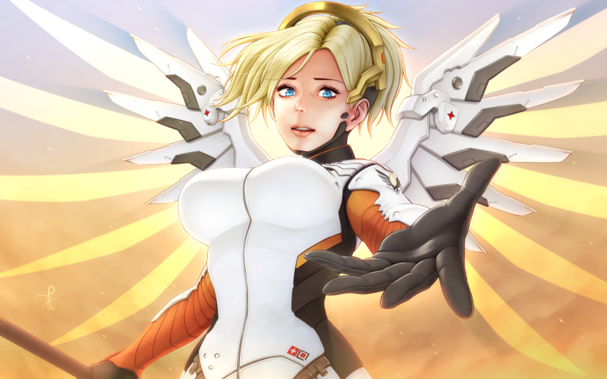 1girl backlighting black_gloves blonde_hair blue_eyes breasts clip_studio_paint_(medium) cloud commentary_request eyelashes from_below gloves glowing glowing_wings halo high_ponytail highres holding holding_weapon horiishi_horuto large_breasts long_hair looking_at_viewer mechanical_halo mechanical_wings mercy_(overwatch) outstretched_arm overwatch palms ponytail revision sky solo sun swiss_flag upper_body weapon wing_print wings yellow_wings