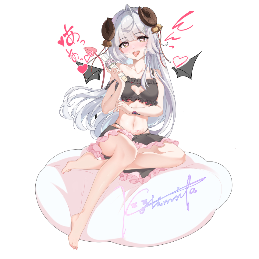 1girl absurdres ahoge arm_tattoo bare_legs barefoot bikini black_bikini blunt_bangs blush breasts breath cleavage_cutout clothing_cutout commentary_request demon_girl demon_horns demon_tail demon_wings detached_wings flower_tattoo frilled_bikini frills full_body hair_ornament hairclip heart heart-shaped_pupils heart_cutout heart_tattoo highres holding holding_microphone horns kolimiya long_hair looking_at_viewer microphone mole mole_under_eye navel open_mouth original pubic_tattoo signature simple_background sitting small_breasts smile solo strap_slip swimsuit symbol-shaped_pupils tail tattoo tongue tongue_out tongue_tattoo translation_request white_background white_hair wings yellow_eyes