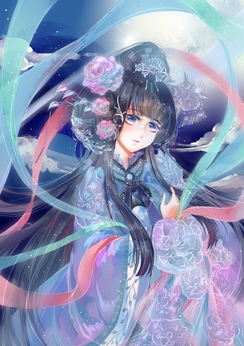 1girl absurdres black_hair blue_eyes blue_sky blunt_bangs blunt_ends chinese_commentary chinese_hairpin closed_mouth cloud comb commentary_request floral_print flower hagoromo hair_flower hair_ornament half_updo hand_on_own_chest happy head_tilt highres light_particles lipstick long_hair long_sidelocks long_sleeves looking_at_viewer makeup miracle_nikki muriel_miaoke night nikki_(series) outdoors painttool_sai_(medium) peony_(flower) pink_lips purple_flower purple_hanfu red_flower shawl sidelocks sky smile solo upper_body very_long_hair watching_moon_(miracle_nikki) wide_sleeves