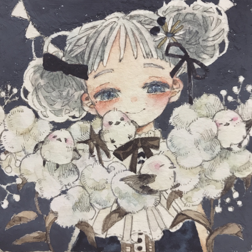 1girl absurdres acrylic_paint_(medium) bird blue_eyes blunt_bangs blush bow closed_mouth commentary_request double_bun dress flower grey_background grey_hair hair_bun hair_ribbon highres karintoun long_sleeves looking_at_viewer original painting_(medium) portrait ribbon short_hair simple_background smile straight-on traditional_media watercolor_(medium)