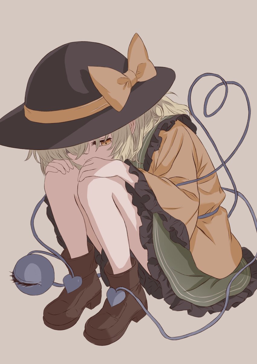 1girl absurdres black_hat bow brown_shoes collared_shirt commentary_request frilled_shirt_collar frilled_skirt frills full_body green_hair green_skirt hat hat_bow heart heart_of_string highres iris-san knees_to_chest komeiji_koishi medium_hair shirt shoes sitting skirt solo third_eye touhou white_background yellow_bow yellow_eyes yellow_shirt