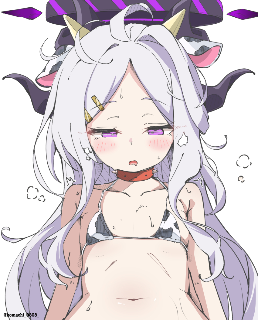 1girl absurdres animal_ears animal_print bikini blue_archive blush breasts collar cow_ears cow_horns cow_print cow_print_bikini half-closed_eyes halo highres hina_(blue_archive) horns komachi_0808 loli long_hair pink_eyes print_bikini simple_background small_breasts spiked_collar spikes sweat swimsuit white_background white_hair