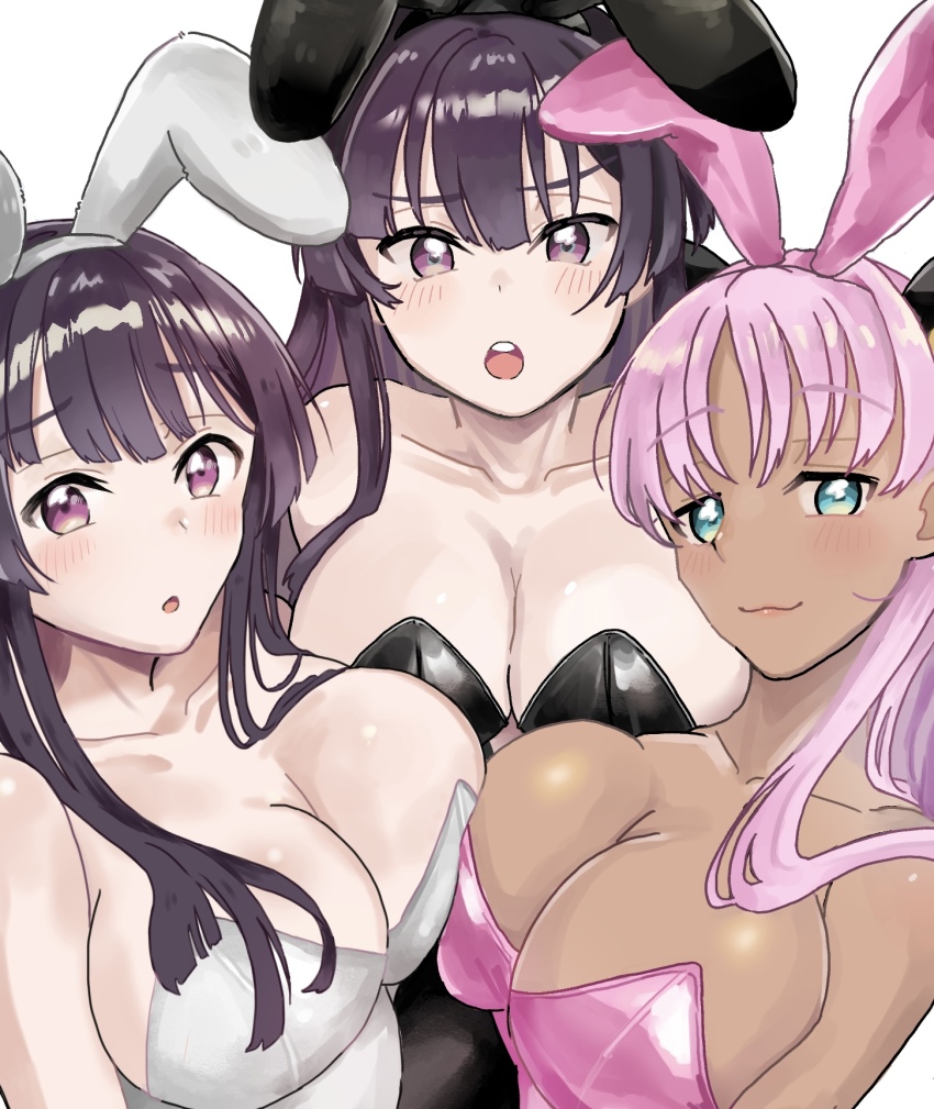3girls animal_ears bare_shoulders black_hair blue_eyes blush breast_press breasts catherine_sabathra cleavage code_geass code_geass:_dakkan_no_roze collarbone commentary dark-skinned_female dark_skin fake_animal_ears hair_over_breasts hair_over_one_breast hair_over_shoulder haruyanagininomiya_sakura highres large_breasts long_hair long_sleeves look-alike looking_at_viewer multiple_girls open_mouth pink_hair playboy_bunny puku_uzzz purple_eyes rabbit_ears shy simple_background smile smug sumeragi_sakuya teeth upper_teeth_only white_background