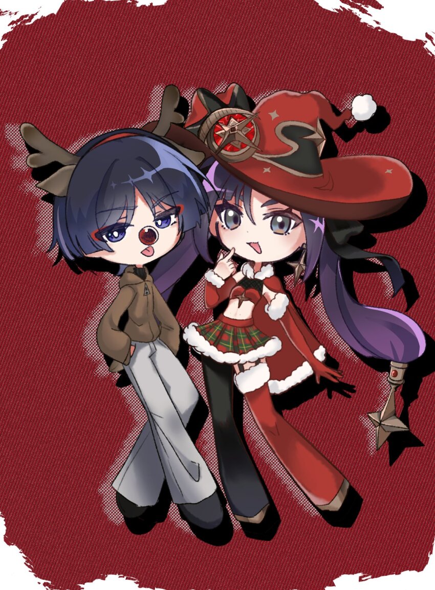 1boy 1girl alternate_costume animal_ears antlers aqua_eyes arm_at_side arms_at_sides asymmetrical_bangs asymmetrical_legwear bandeau black_bow black_hair black_pantyhose black_shoes blunt_bangs blunt_ends border bow bright_pupils brown_hood brown_jacket brown_sleeves cape casual contemporary cosplay crescent crescent_hat_ornament deer_ears detached_sleeves drop_shadow elbow_gloves eyelashes eyeliner eyeshadow fake_animal_ears fake_horns fishnet_top fishnets full-length_zipper full_body fur-trimmed_cape fur-trimmed_skirt fur-trimmed_sleeves fur-trimmed_thighhighs fur_trim garter_belt genshin_impact gloves gold_shoes gold_trim hair_between_eyes hair_bow hairband hand_up hands_in_pockets hat hat_ornament highres hood hood_down hooded_jacket horn_hairband horns index_finger_raised jacket kgt1mzp8wzk83g6 long_hair long_sleeves looking_at_viewer makeup midriff mismatched_legwear mona_(genshin_impact) navel pants pantyhose plaid_clothes plaid_skirt pointing pointing_at_self pom_pom_(clothes) ponytail_holder purple_eyes purple_hair red_background red_bandeau red_cape red_eyeliner red_eyeshadow red_gloves red_hairband red_hat red_nose red_sleeves red_thighhighs reindeer_antlers rudolph_the_red_nosed_reindeer rudolph_the_red_nosed_reindeer_(cosplay) santa_costume scaramouche_(genshin_impact) shoes sidelocks single_detached_sleeve single_glove single_leg_pantyhose single_thighhigh skirt star_(symbol) star_hat_ornament star_print thighhighs tongue tongue_out tsurime twintails white_border white_pants white_pupils witch_hat zipper zipper_pull_tab