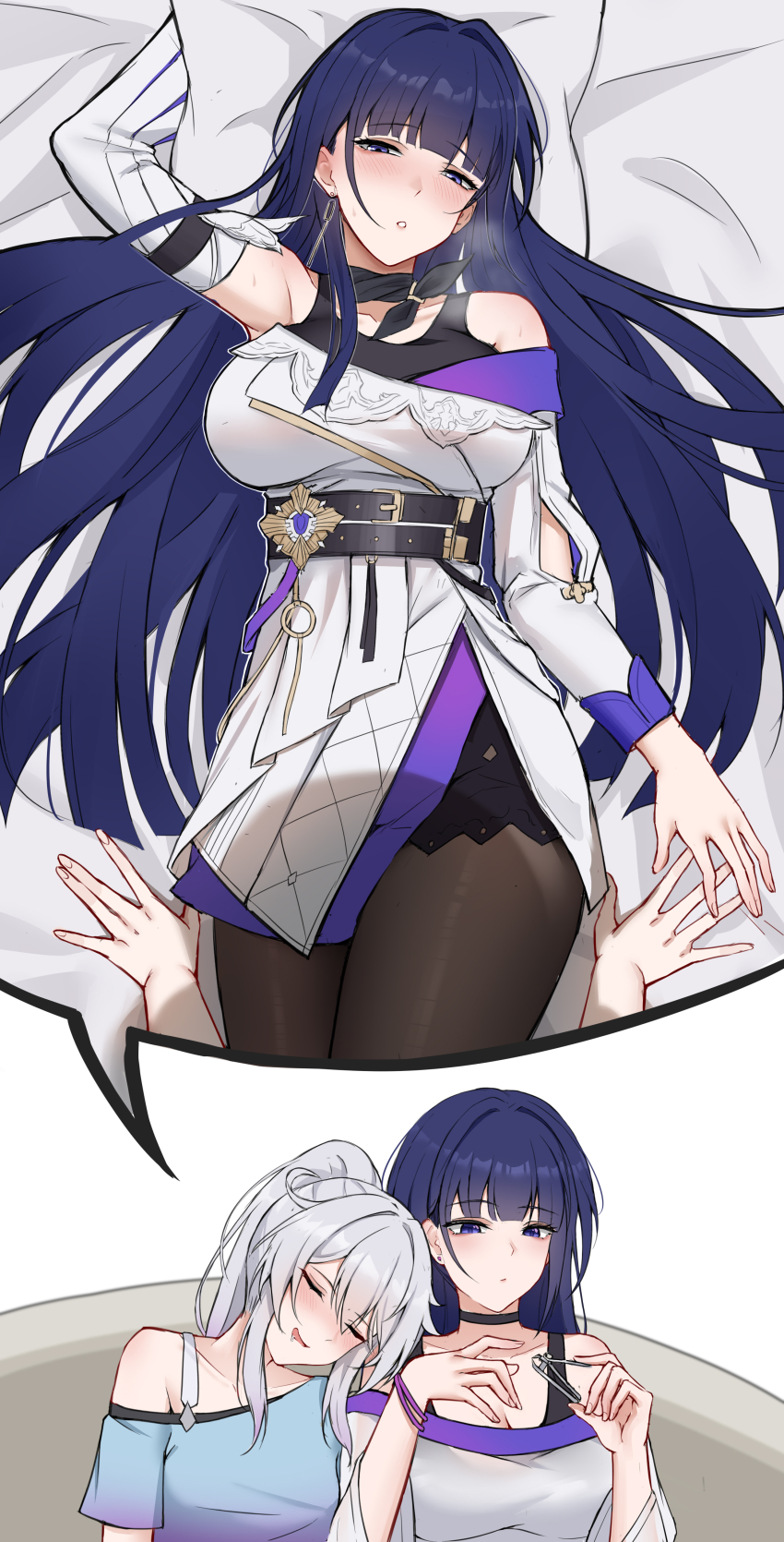 2girls absurdres black_choker black_pantyhose blue_tank_top blush breasts chinese_commentary choker commentary_request couch dress earrings highres honkai_(series) honkai_impact_3rd jewelry kiana_kaslana large_breasts long_hair lying multiple_girls on_back on_bed on_couch pantyhose ponytail purple_eyes purple_hair raiden_mei raiden_mei_(apho) sleeping tank_top very_long_hair white_dress white_hair ying_ling