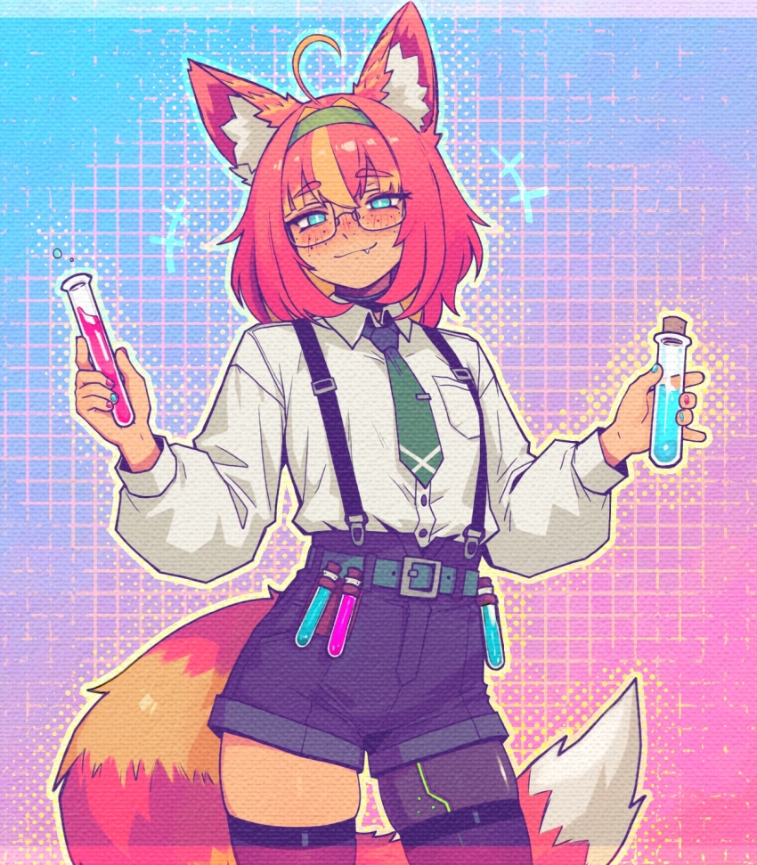 1girl ahoge animal_ear_fluff animal_ears aqua_eyes belt belt_buckle blue_background blue_nails blush border buckle caffichai closed_mouth commentary english_commentary fang glasses gradient_background green_hairband green_necktie grid_background hair_between_eyes hairband head_tilt highres holding holding_test_tube looking_at_viewer medium_hair necktie orange_hair original outline pink_background pink_nails pocket red_tail shirt shorts solo suspender_shorts suspenders tail test_tube white_shirt wing_collar yellow_outline
