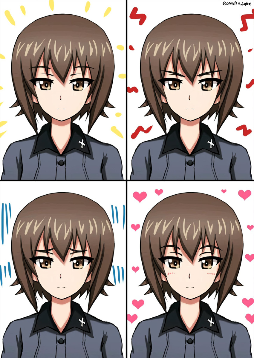 1girl angry blush brown_eyes brown_hair closed_mouth cross expression_chart girls_und_panzer grey_shirt happy highres iron_cross kuromorimine_school_uniform multiple_expressions nishizumi_maho non-web_source omachi_(slabco) sad school_uniform shirt short_hair solo upper_body wing_collar