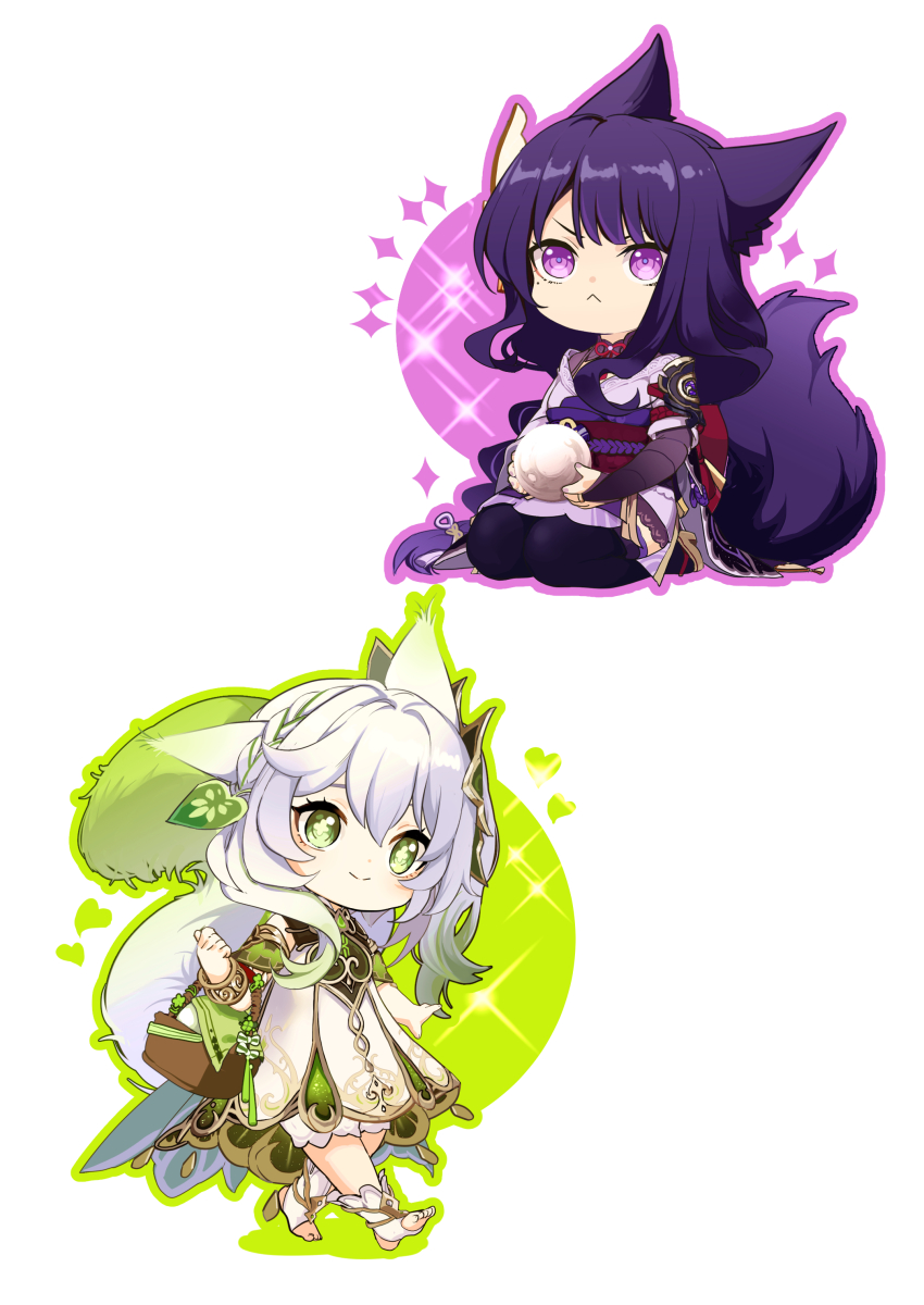 2girls absurdres animal_ears back_bow blunt_bangs bow bracelet braid bridal_gauntlets chibi chibi_only closed_mouth dress fox_ears fox_girl fox_tail gem genshin_impact gradient_hair green_eyes hair_between_eyes hair_ornament head_tilt highres holding japanese_clothes jewelry kimono light_smile long_braid long_hair looking_at_viewer multicolored_hair multiple_girls nahida_(genshin_impact) pearl_(gemstone) purple_eyes purple_hair purple_kimono purple_thighhighs qianxue100 raiden_shogun red_ribbon red_sash ribbon sash single_braid squirrel_ears squirrel_girl squirrel_tail streaked_hair symbol-shaped_pupils tail thighhighs toes