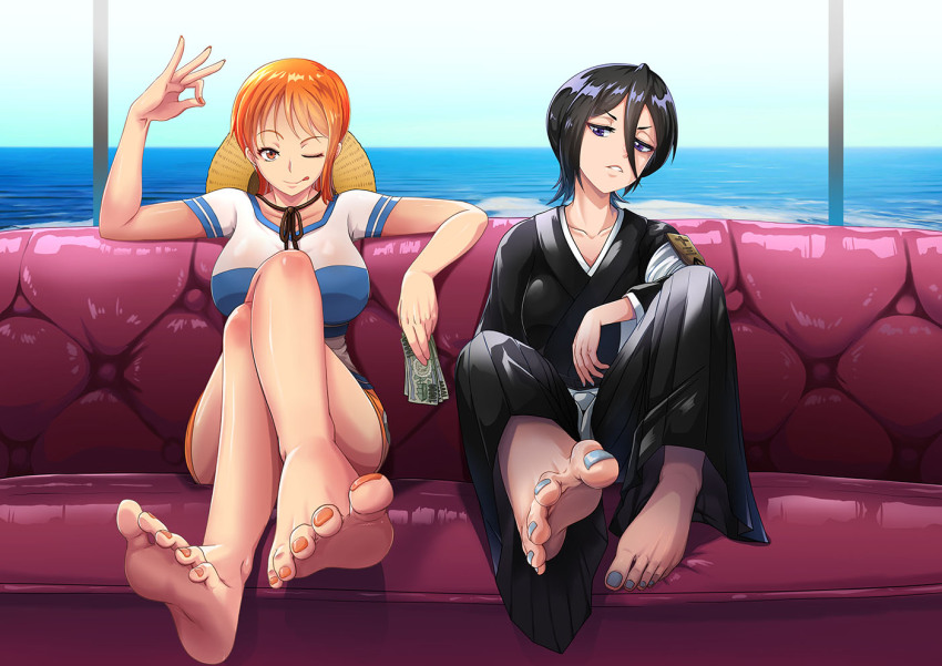 2girls barefoot black_hair bleach breasts collarbone couch crossed_legs crossover feet hat japanese_clothes kuchiki_rukia large_breasts looking_at_viewer medium_hair money multiple_girls nami_(one_piece) one_eye_closed one_piece orange_hair shihakusho shirt sitting small_breasts soles straw_hat teng_zhai_zi toes