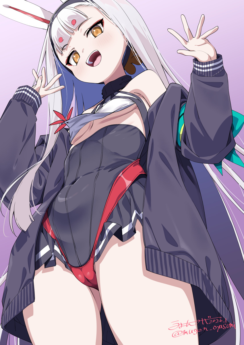 1girl absurdres animal_ears arms_up azur_lane bikini bikini_bottom_only bikini_over_clothes black_hairband black_jacket black_skirt breasts brown_eyes cameltoe commentary_request covered_navel hairband highleg highleg_bikini highres jacket long_hair looking_at_viewer off_shoulder open_clothes open_jacket open_mouth pink_background pleated_skirt rabbit_ears rabbit_girl red_bikini shimakaze_(azur_lane) simple_background skirt small_breasts smile solo standing swimsuit thighs umyonge_(lkakeu) underboob very_long_hair white_hair