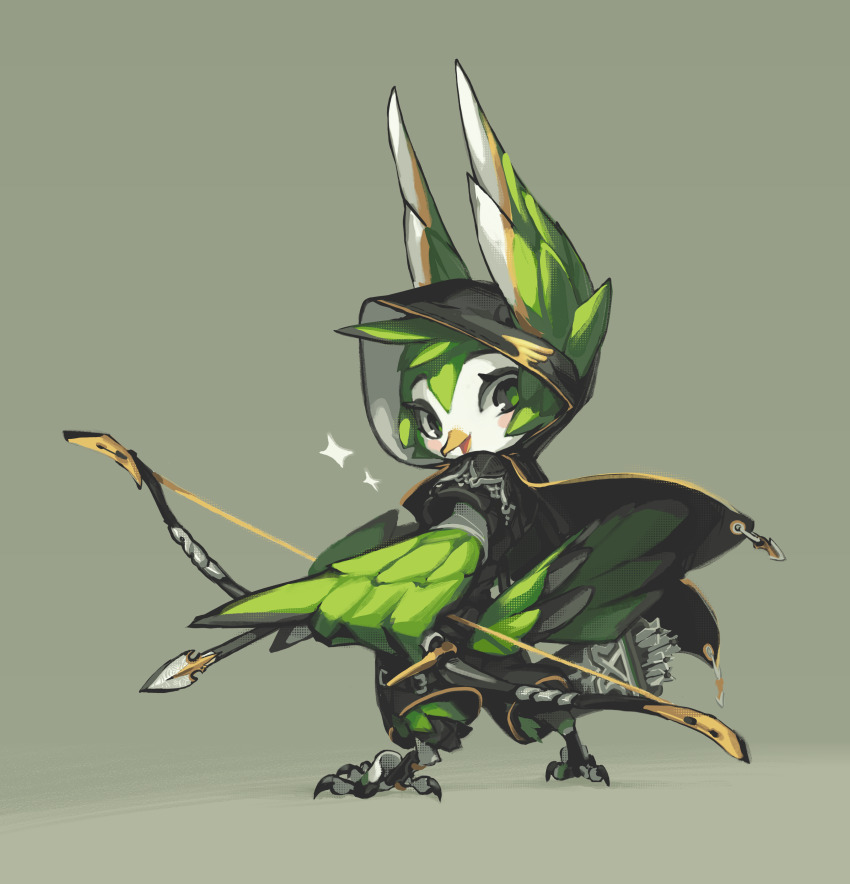 1girl 2020 absurdres archery armor arrow_(projectile) bird bird_girl bird_tail bird_wings black_cloak bow chainmail chinese_commentary cloak commentary downturned_eyes english_commentary fantasy feather_hair feathered_wings from_behind furry furry_female green_fur highres hood hooded_cloak krita_(medium) looking_at_viewer looking_back molly_the_siren original pants signature simple_background siren_(mythology) spirit_animals_in_disguise standing tabletop_rpg tail tsurime tyson_tan wings