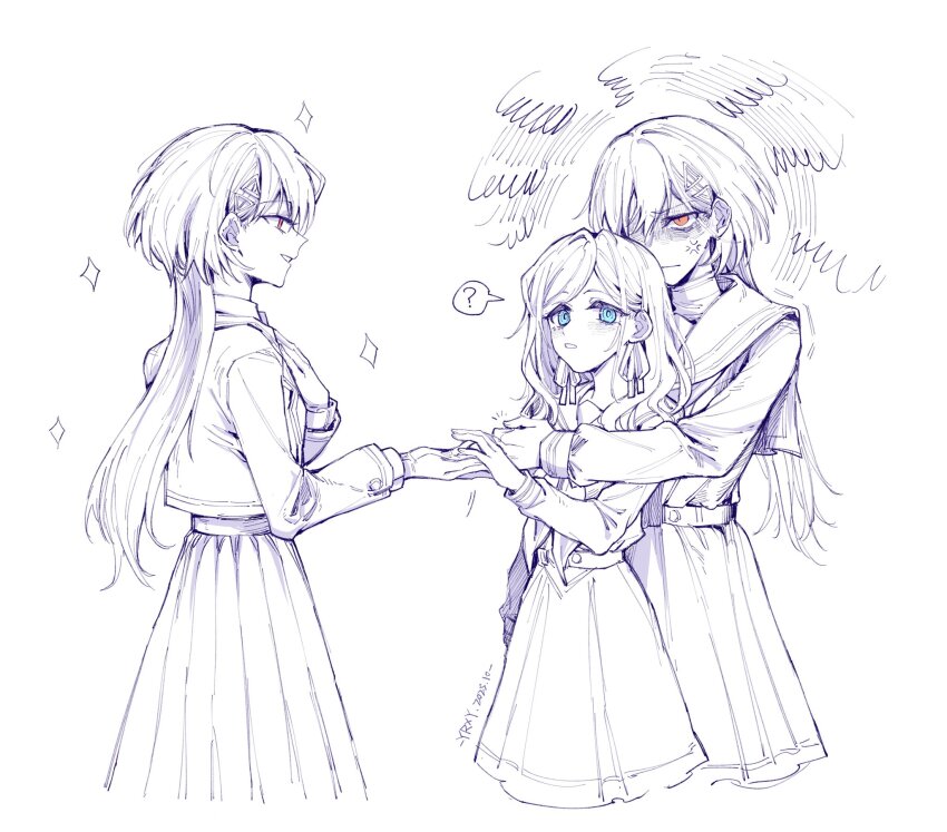 3girls ? anger_vein blazer blue_eyes ceras_yanagida_lilienfeld commentary dress dual_persona edel_note glaring hair_ornament hand_on_own_chest hasu_no_sora_school_uniform highres jacket jellyfish_cut katsuragi_izumi link!_like!_love_live! long_hair long_sleeves love_live! mizukawa_school_uniform multiple_girls neckerchief orange_eyes pleated_dress pleated_skirt profile sailor_collar sailor_dress school_uniform signature simple_background skirt sparkle spoken_question_mark squiggle symbol-only_commentary taking_another's_hand time_paradox triangle_hair_ornament virtual_youtuber white_background winter_uniform yrxy_settingsun