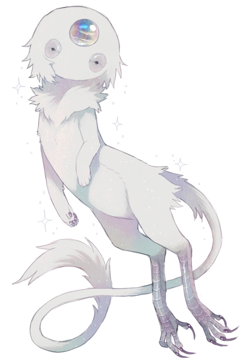 bird_legs creature creature_focus forehead_jewel fraid full_body gem highres iridescent iridescent_gem jejejunum neck_fur no_mouth no_nose original secret_(jejejunum) simple_background solo sparkle spirit tail white_background white_fur white_tail