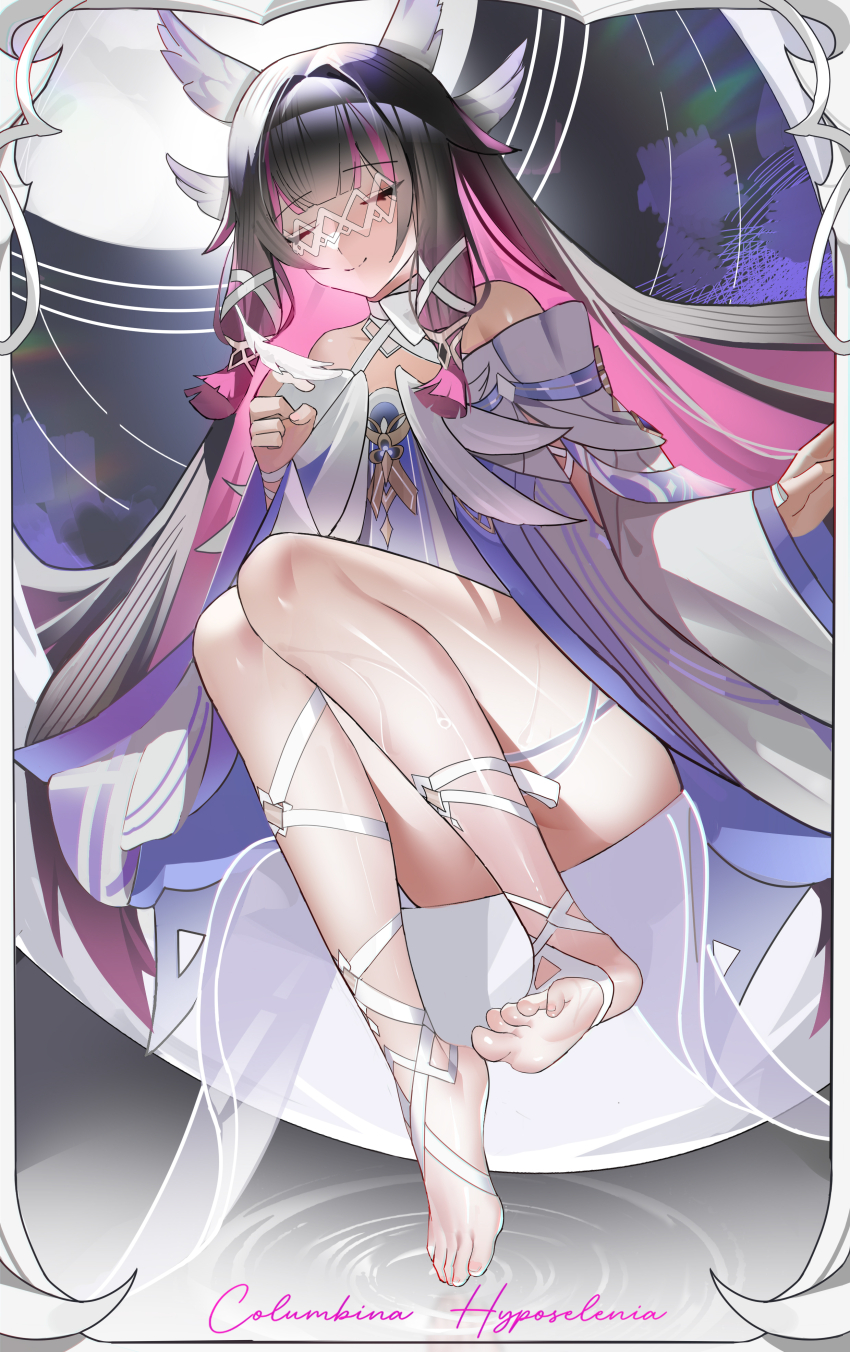 1girl absurdres bare_shoulders barefoot black_hair character_name closed_eyes columbina_(genshin_impact) commentary_request dress eye_mask feathers genshin_impact head_wings highres long_hair mask multicolored_hair pink_hair ribbon ripples sitting smile solo white_dress white_ribbon wings xiaojuan_(user_ezvt7287)