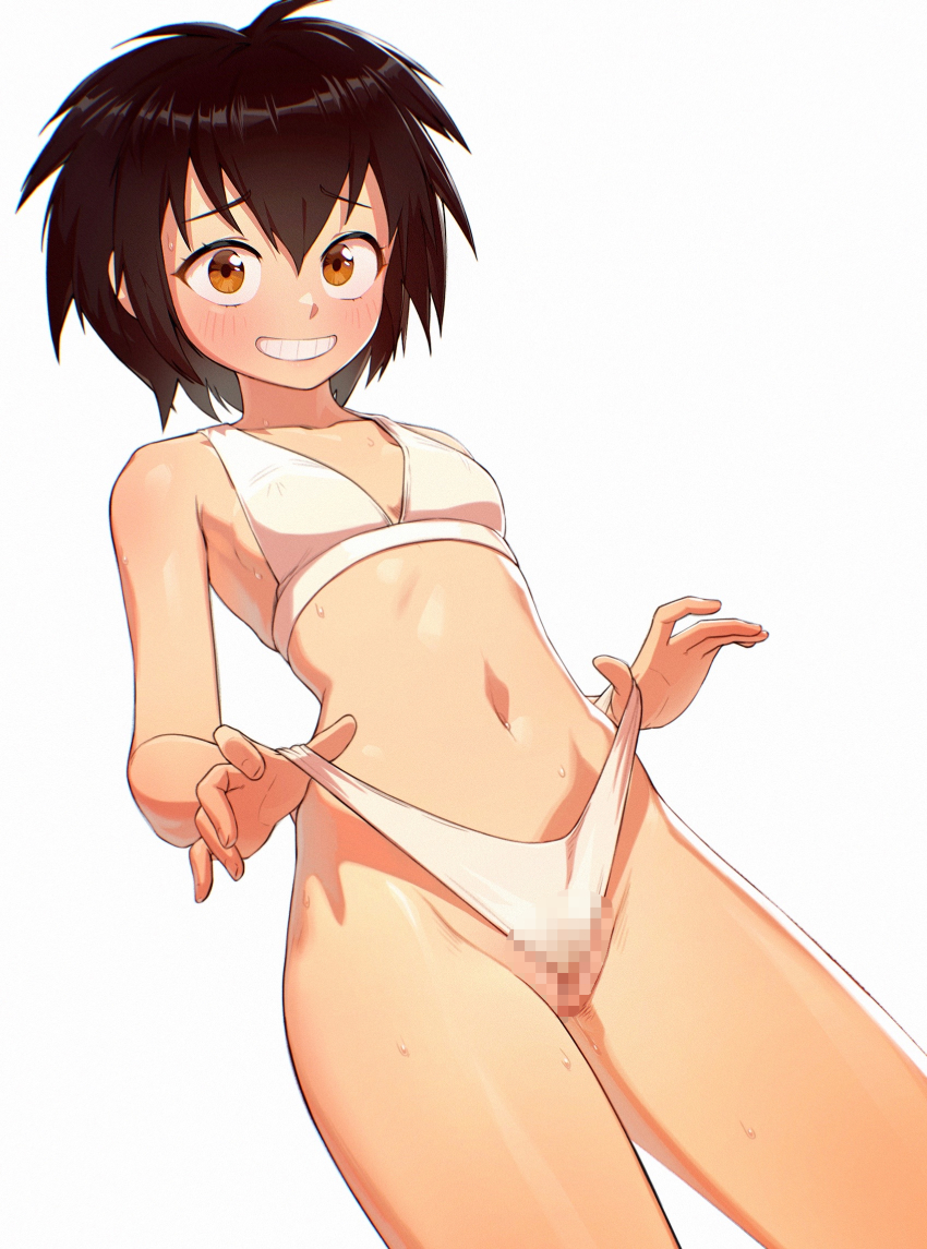 1girl bikini bikini_pull black_hair blush breasts brown_eyes censored clothes_pull covered_erect_nipples highres kassitta loli looking_at_viewer marvel mosaic_censoring navel paid_reward_available peni_parker short_hair simple_background small_breasts smile solo spider-man:_into_the_spider-verse spider-man_(series) spider-verse stomach sweat swimsuit thighs wedgie white_bikini