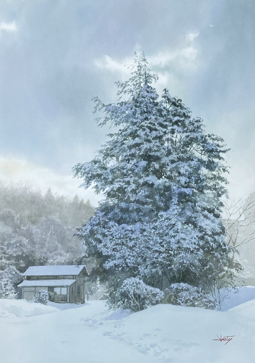 abe_toshiyuki bare_tree cloud commentary_request day forest highres house nature no_humans original outdoors overcast painting_(medium) scenery signature sky snow traditional_media tree watercolor_(medium) winter