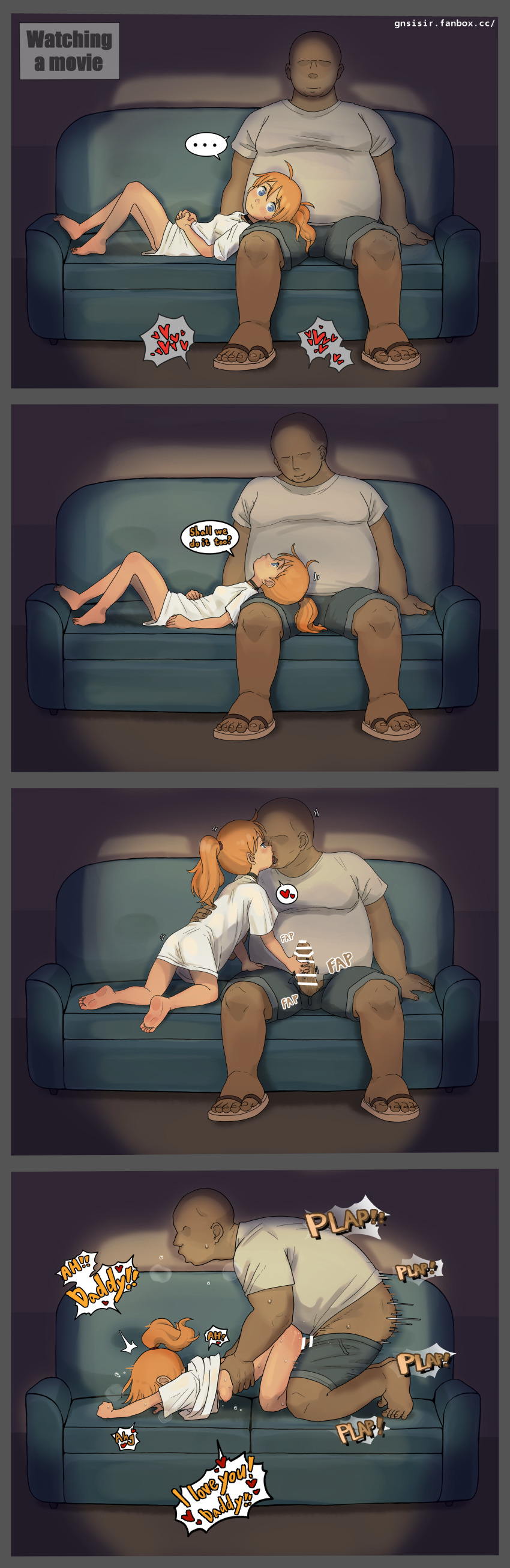 1boy 1girl absurdres age_difference blonde_hair blue_eyes bottomless censored couch english_text erection gnsisir handjob heart highres inside_out inside_out_2 loli penis riley_andersen sex sex_from_behind shirt shorts torso_grab vaginal