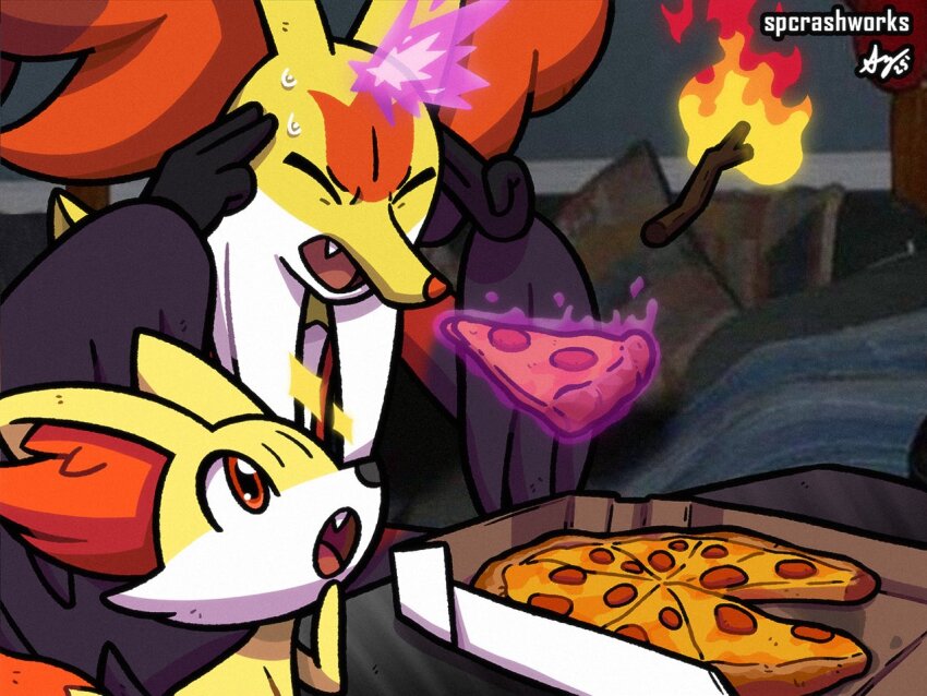 animal_ear_fluff animal_ears black_fur closed_mouth commentary concentrating delphox english_commentary fang fennekin finger_to_head fingers_to_head fire floating floating_food floating_object food fox fox_ears furry gen_6_pokemon hands_on_own_head levitation man_levitating_pizza_(meme) mega_delphox mega_pokemon meme multicolored_fur nintendo open_mouth pepperoni pepperoni_pizza pizza pizza_box pizza_slice pokemon pokemon_(creature) pokemon_focus red_eyes red_fur snout spcrashworks telekinesis white_fur yellow_fur