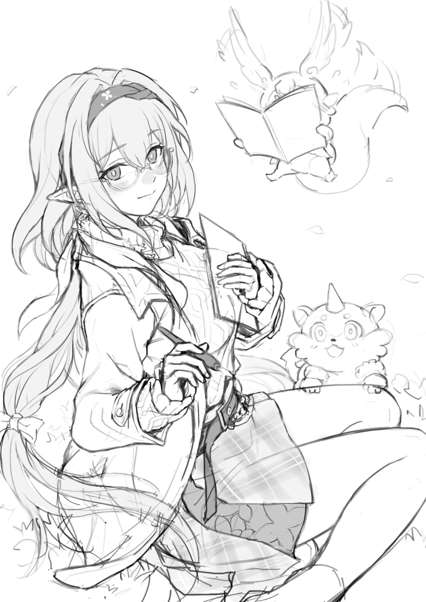 1girl belt book bow breasts bright_pupils castorice_(honkai:_star_rail) castorice_(luckin_coffee)_(honkai:_star_rail) chimera_(honkai:_star_rail) closed_mouth coat commentary_request feet_out_of_frame glasses greyscale hair_bow hairband highres holding holding_book holding_pen honkai:_star_rail honkai_(series) ktkt07070 light_smile long_hair looking_at_viewer low-tied_long_hair low_twintails medium_breasts mem_(honkai:_star_rail) monochrome nib_pen_(object) official_alternate_costume open_book open_clothes open_coat pen pointy_ears reading semi-rimless_eyewear simple_background sitting sketch skirt sleeves_past_wrists solo sweater turtleneck turtleneck_sweater twintails very_long_hair yokozuwari