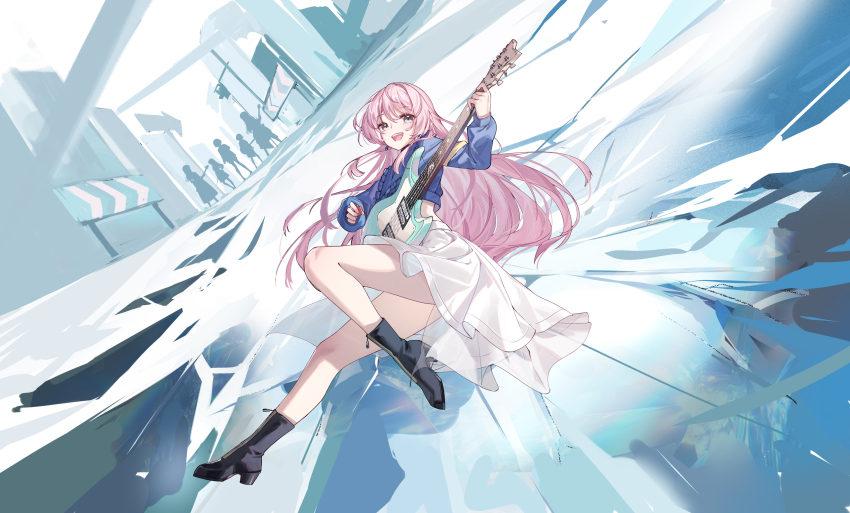 5girls absurdres bang_dream! bang_dream!_it's_mygo!!!!! black_boots blue_shirt boots chihaya_anon chinese_commentary commentary_request cropped_shirt dress electric_guitar grey_eyes guitar highres holding holding_guitar holding_instrument holding_plectrum instrument kaname_raana knee_up long_hair looking_at_viewer making-of_available multiple_girls nagasaki_soyo open_mouth pink_hair plectrum qys3 shiina_taki shirt silhouette solo_focus takamatsu_tomori teeth upper_teeth_only very_long_hair white_dress