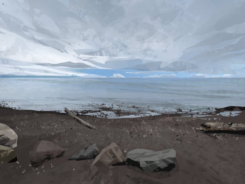 absurdres branch cloud cloudy_sky commentary day grey_sky highres horizon landscape mountainous_horizon nature no_humans original outdoors painterly rock scenery shore sky stick surf symbol-only_commentary twulfs water