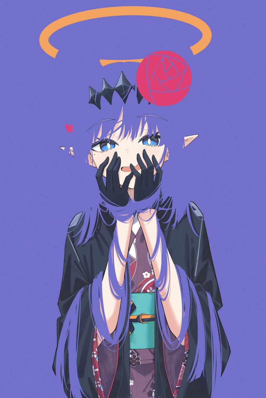 1girl absurdres arms_up black_gloves black_haori black_headband blending blue_eyes blunt_bangs blush braid bright_pupils bun_with_braided_base choppy_bangs diamond_hairband double_bun excited fang floral_print flower flower_knot gloves hair_around_arms hair_around_wrist hair_bun hair_flower hair_ornament half_gloves halo halo_behind_head hands_on_own_cheeks hands_on_own_face haori headband heart highres hololive hololive_english holomyth japanese_clothes kimono long_hair looking_at_viewer mackintosh_rose mole mole_under_eye ninomae_ina&#039;nis ninomae_ina&#039;nis_(new_year) obi obijime official_alternate_costume official_alternate_hairstyle open_mouth orange_halo pointy_ears print_kimono purple_background purple_hair purple_kimono raised_eyebrows red_flower sash sidelocks simple_background skin_fang slit_pupils smile solo standing umiikuru very_long_hair virtual_youtuber white_pupils