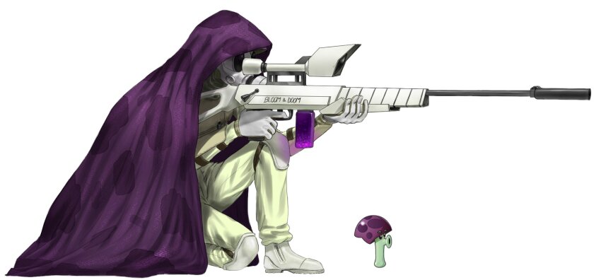 1boy ankle_boots artrextino blanket boots commentary_request english_text finger_on_trigger from_side full_body gas_mask gloves gun hands_up highres holding holding_gun holding_weapon jumpsuit knee_pads knee_up long_sleeves looking_through_scope male_focus mask official_art_inset on_one_knee plants_vs._zombies profile reference_inset rifle scaredy-shroom_(plants_vs._zombies) simple_background sitting sniper_rifle solo spanish_commentary under_covers weapon white_background white_boots white_gloves white_jumpsuit white_mask zipper