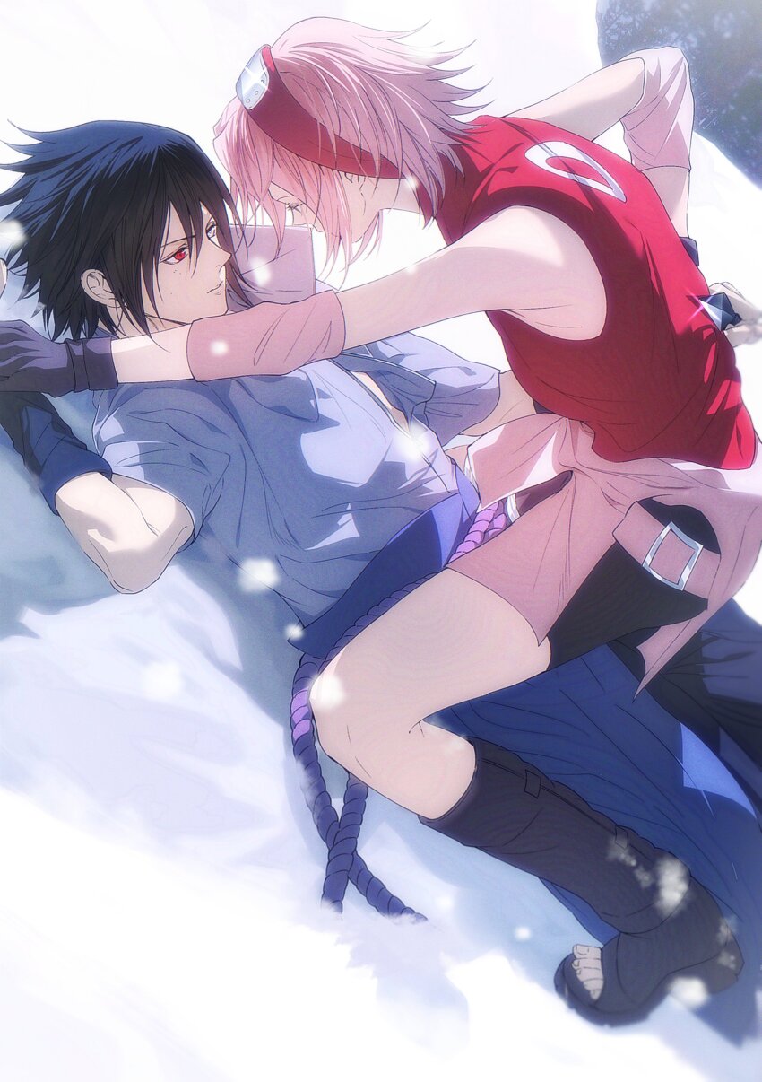 1boy 1girl absurdres belt belt_buckle bike_shorts black_gloves black_hair blue_hakama buckle girl_on_top gloves hakama haruno_sakura hashtag-only_commentary highres japanese_clothes lying naruto_(series) niku_(ni23ku) on_back pink_belt pink_hair red_eyes red_shirt rope_belt shirt short_hair sleeveless sleeveless_shirt snow spiked_hair uchiha_sasuke