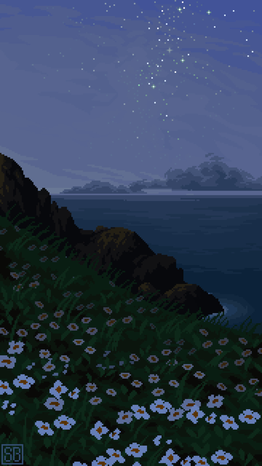animated animated_gif artist_logo cloud dusk evening flower grass highres hill horizon logo looping_animation no_humans ocean original pixel_art rock scenery scrunchybean shore sky star_(sky) starry_sky water white_flower wind